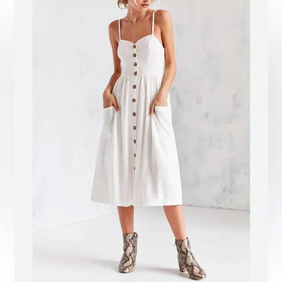 Urban Outfitters Cooperative Emilia A Line Button Down Midi Dress Ivory Linen M